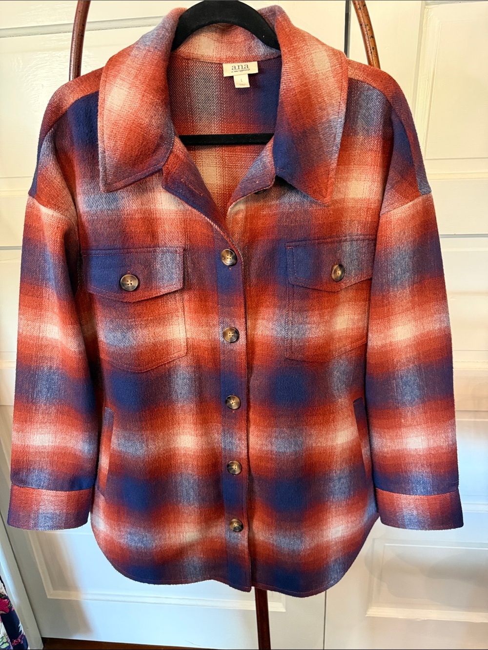 a.n.a Plaid Shacket Jacket Womens Large Oversized Button Front Cozy Layering